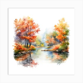 Watercolor Autumn Trees By The River Art Print