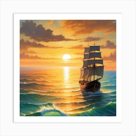 Sailing Ship At Sunset Art Print