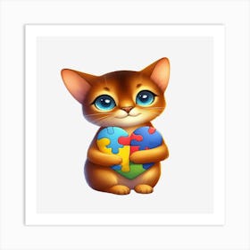 Cat (Abyssinian) Holding A Puzzle Piece Autism Art Print