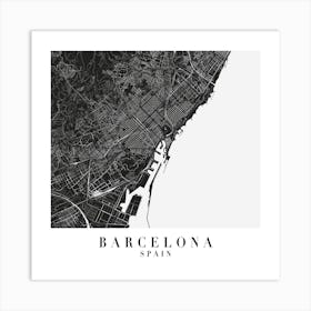 Barcelona Spain Minimal Black Mono Street Map  Square Art Print