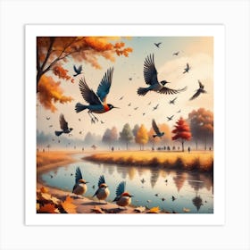 Autumn Birds In The Park 2 Art Print