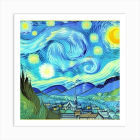 Roots of the Past: A Rustic Village Vista Starry Night Art Print