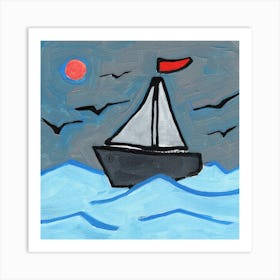 Brave Boat - painting square blue gray sea sky seagulls Art Print