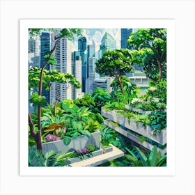 David Hockney Style. Rooftop Garden in Singapore 1 Art Print