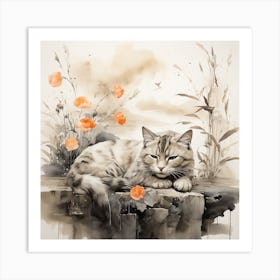 Cat With Flowers 1 Art Print