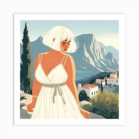 Greece Girl In White Dress Art Print