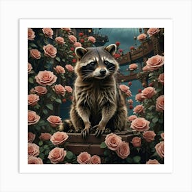 Raccoon In Roses Art Print