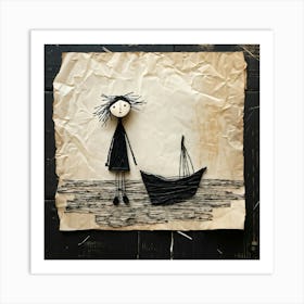 Black And White Stick Figure Resembling A Doll Crafted With Delicate Strokes On Aged Handmade Pape Art Print