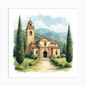 Watercolor Art Of A Serene Spanish Monastery Surrounded By Nature Art Print