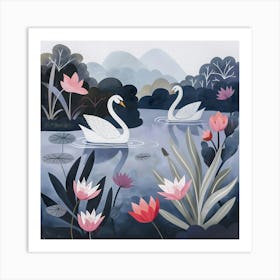 Swans In The Water, Naïve Folk Art Print