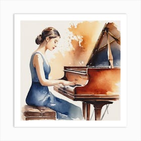 Watercolor Girl Playing Piano Art Print