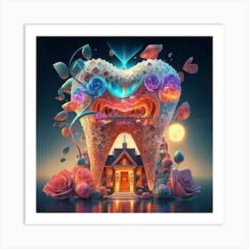 , a house in the shape of giant teeth made of crystal with neon lights and various flowers 1 Art Print