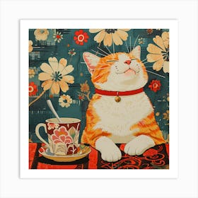 Cat With A Cup Of Tea Art Print