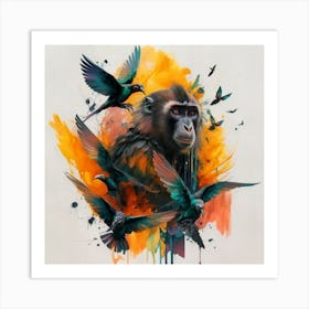 Monkey And Birds Art Print