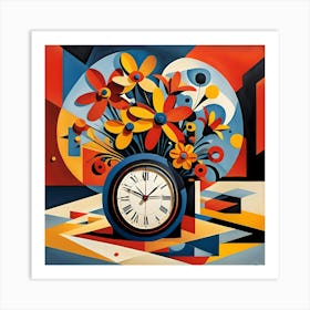 Clock With Flowers Art Print