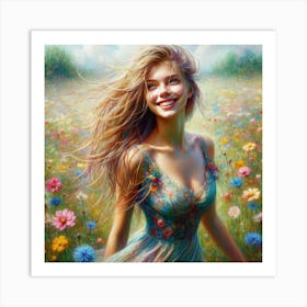 Girl In A Flower Field 1 Art Print