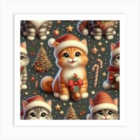 Christmas Kittens Seamless Pattern Art Print