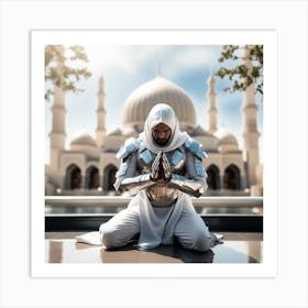 A 3d Dslr Photography Muslim Wearing Futuristic Digital Armor Suit , Praying Towards Masjid Al Haram, House Of God Award Winning Photography From The Year 8045 Qled Quality Designed By Apple Art Print