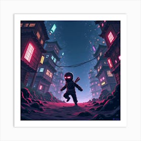 Ninja Evading Enemies In A Neon Lit, Chaotic World 1 Art Print