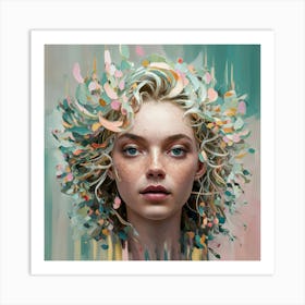 Woman With Flowers On Her Head Art Print