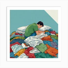 Man Sleeping In Pile Of Clothes Art Print