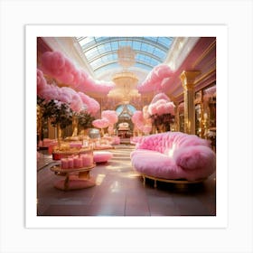 Firefly Pink, Fluffy, Cloudy, Mall, Pink Halls, Gold Accents, Cloud Shaped, Benches, Heart Shaped, D Art Print