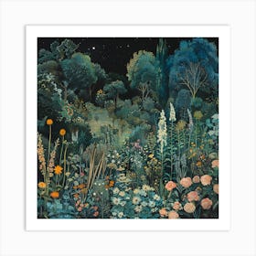 William Morris Inspired Beautiful Garden At Night Art Print