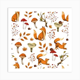 Autumn Foxes Seamless Pattern with wild flowers and yellow leaves Art Print