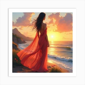 Elegant Lady In Watercolor Attire, Picturesque Sunset View 1 Art Print