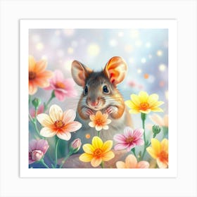 A Mouse Surrounded By Glowing Watercolor Flowers, In A Bright Pastel Dreamscape Art Print