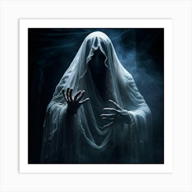 Ghostly Figure Draped In A Shroud Like Veil Hands Reaching Out As If For Help Eyes Wide With Blind (6) Art Print