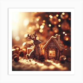 Christmas House With Reindeer Art Print