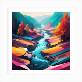 A modern digital painting of a river, with bold, geometric shapes and a vibrant color scheme, showcasing the beauty of technology and nature combined. 3 Art Print