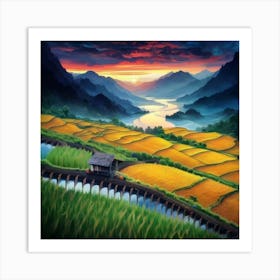 Beautiful views of rice fields, close to the river and surrounded by mountains, 22 Art Print