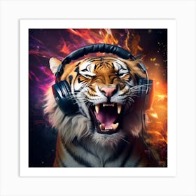 Tiger With Headphones Art Print