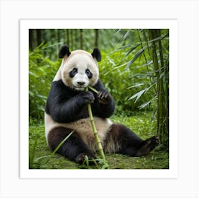 A Panda Sits Contently Eating Bamboo Amidst A Lush Green Forest, Its Black And White Fur Contrasting Beautifully With Nature 2 Art Print