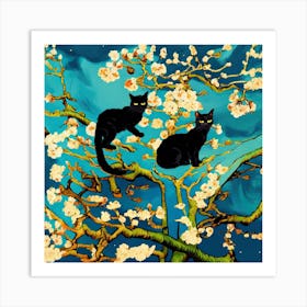 Art Almond Blossom With Black Cats, Vincent Van Gogh Inspired 3 Art Print