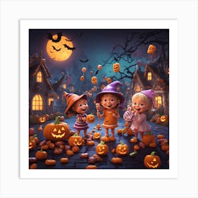 Halloween Children With Pumpkins Art Print