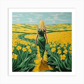 Blonde woman in Yellow Daffodils flowers Art Print