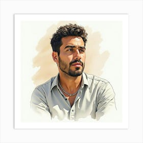 Spanish Man With Thoughtful Expression, Watercolor With Soft Shadows 1 Art Print