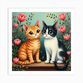 Two Cats With Flowers Art Print