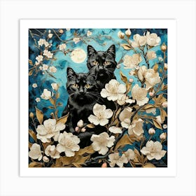 Black Cats In Blossoms Art Print