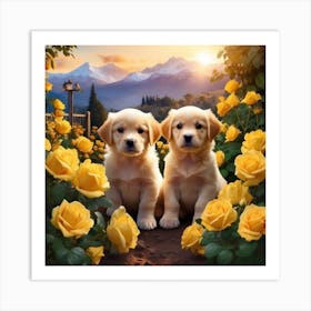 Two Golden Retriever Puppies In Roses Art Print