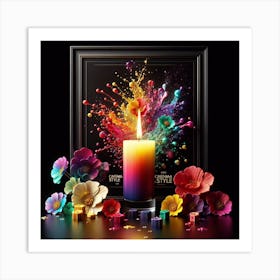 A lit candle inside a picture frame surrounded by flowers 2 Art Print