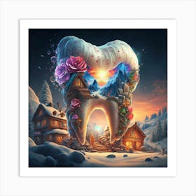 , a house in the shape of giant teeth made of crystal with neon lights and various flowers 7 Art Print