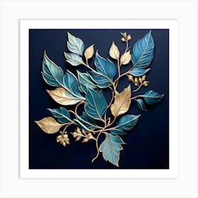 Blue And Gold Leaves 1 Art Print