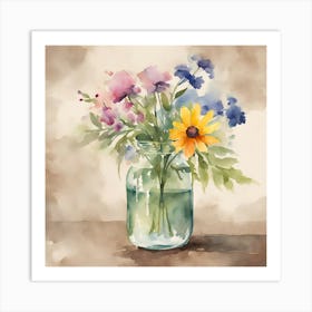 Watercolor Flowers In A Mason Jar 1 Art Print