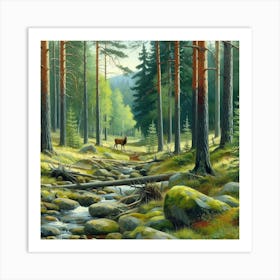 Deer In The Forest, Acrylic Painting Style 4 Art Print