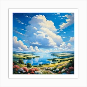 Cumulus Clouds Cotton Like In Texture Dominate The Expansive Azure Sky While A Serene Landscape Un (4) Art Print