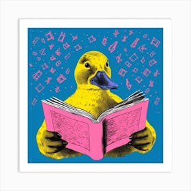 Duckling Reading A Book Linocut Style 3 Art Print